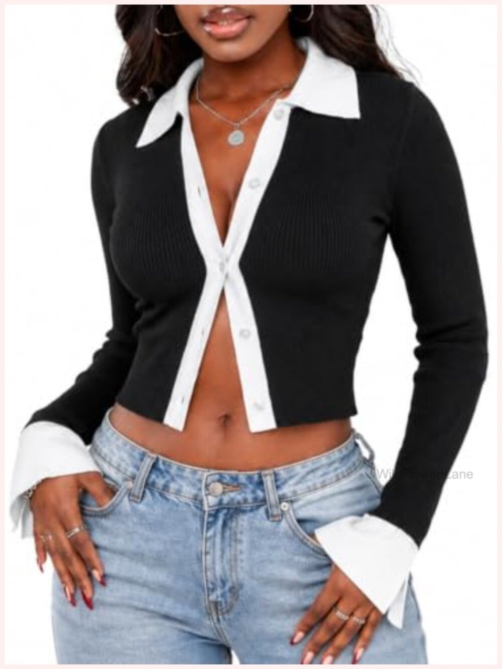 Women's Ribbed Knit Polo Crop Top Long Sleeve Button Down